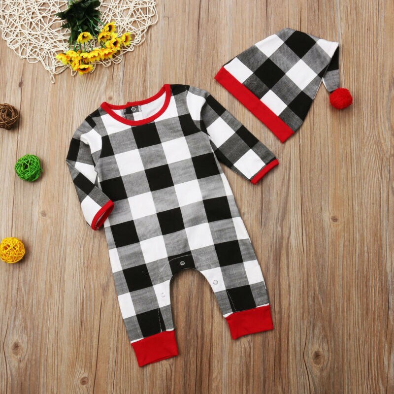 CANIS Neugeborenen Baby Mädchen Jungen Kleidung Lange Ärmel Plaid Casual Strampler Overall Outfits Hut