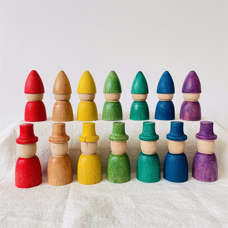 Regenbogen Peg Puppen Set Baby Holz Abbildung Blöcke Konstruktor Kinder Montessori Pädagogisches Spielzeug Open Ended Spielen Spielzeug für Kinder: E