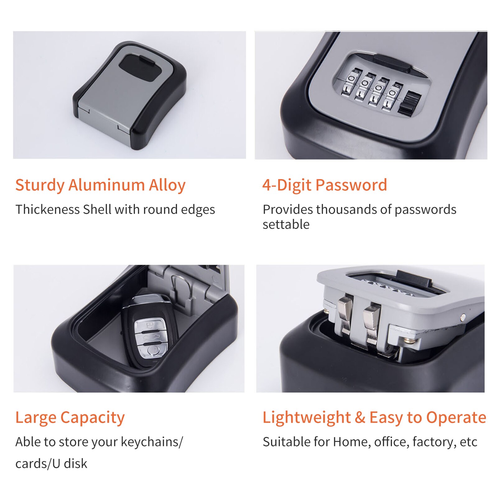 Key Lock Box Wall Mounted Plastic Aluminum Key Safe Box Weatherproof 4 Digit Combination Key Storage Lock Box Indoor Outdoor Use