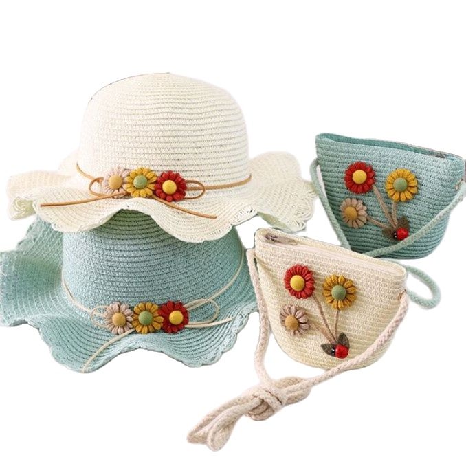 Chapeau et sacs en paille à fleurs pour enfants, ensemble deux pièces décontracté pour filles, sac à bandoulière + chapeau de soleil pour bébé, plage, panama, gorros