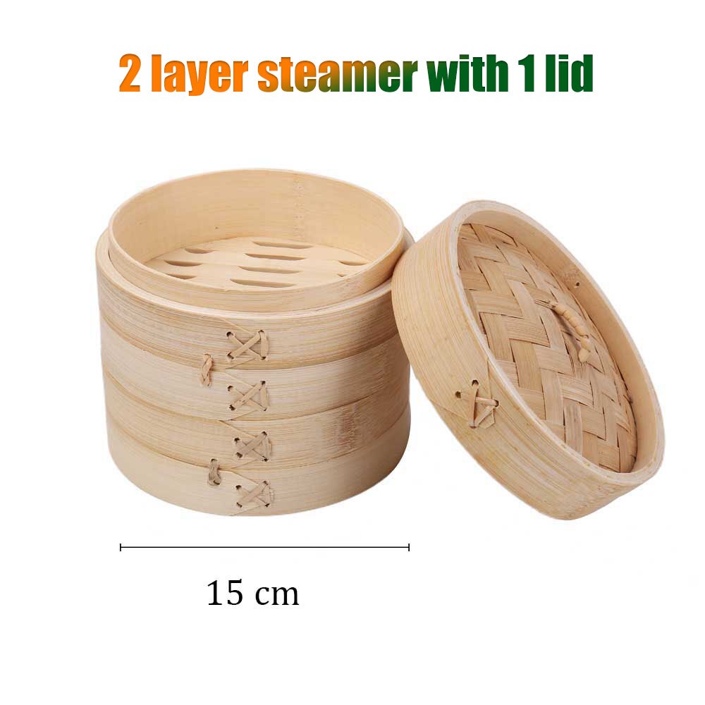 Bambus Dampf Dampfer Herd Korb Knödel Dim Sum Frühstück Gedämpfte Brötchen Knödel Eier Fisch Home Business Verwenden Hand Poliert: 15cm 2steamer 1lid