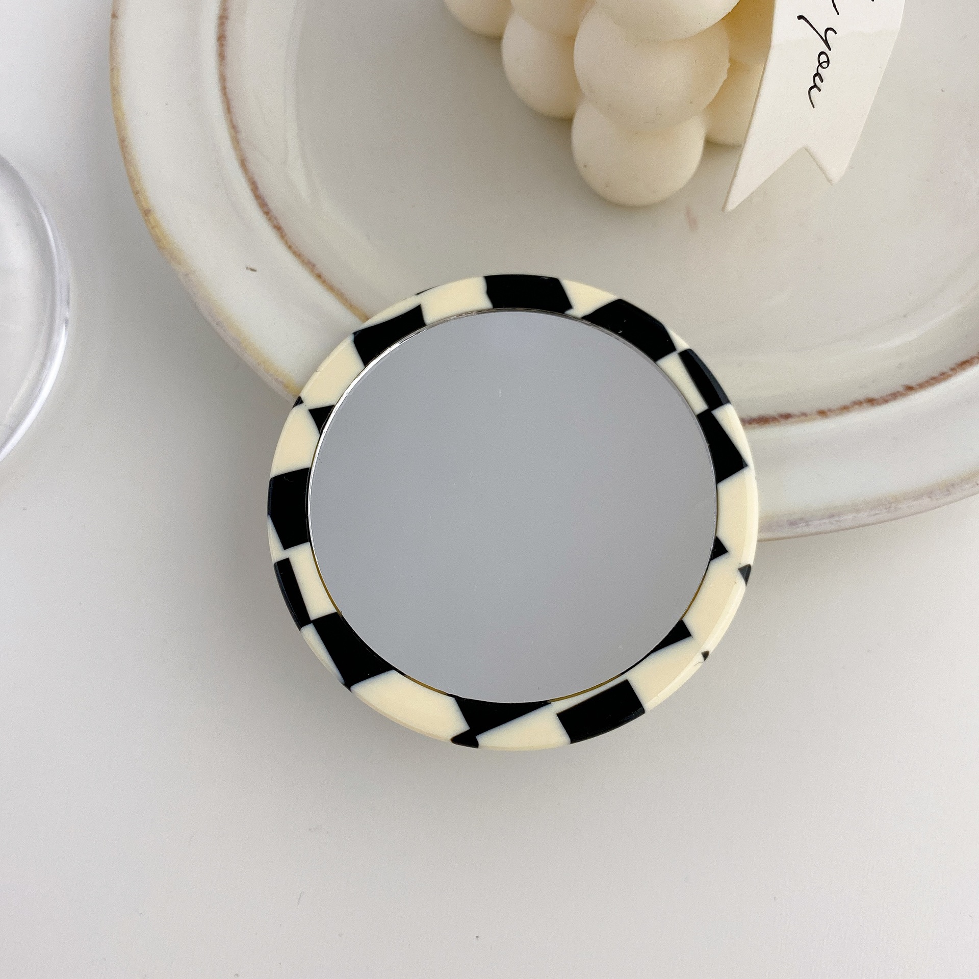 Miroir géométrique rétro en plaque d&#39;acide acétique, coréenne, petit miroir rond Portable, maquillage quotidien, petit miroir Portable: Black white lattice