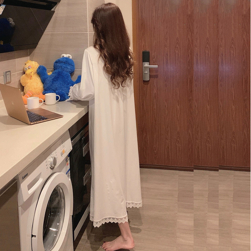 Vintage White Women&amp;#39;s Nightgown Lace Long Nightdress Woman Spring Autumn Sleep Night Dress Lady Loose Women Princess Nightgowns