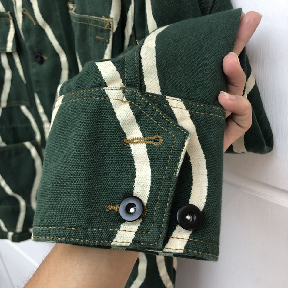 Men Women 1:1 Best Wave Stripe Button Jacket Hip Hop Multi-pocket Cargo Jacket High Street Kapital Denim Jacket