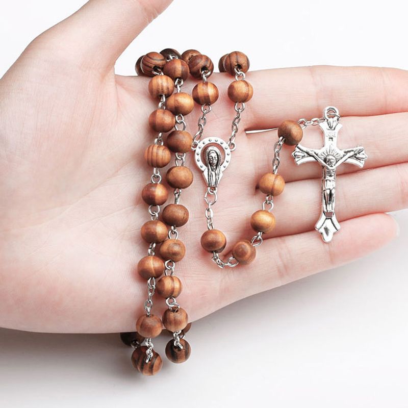 Handgemaakte Ronde Bead Katholieke Rozenkrans Kruis Religieuze Hout Kralen Ketting U2JC