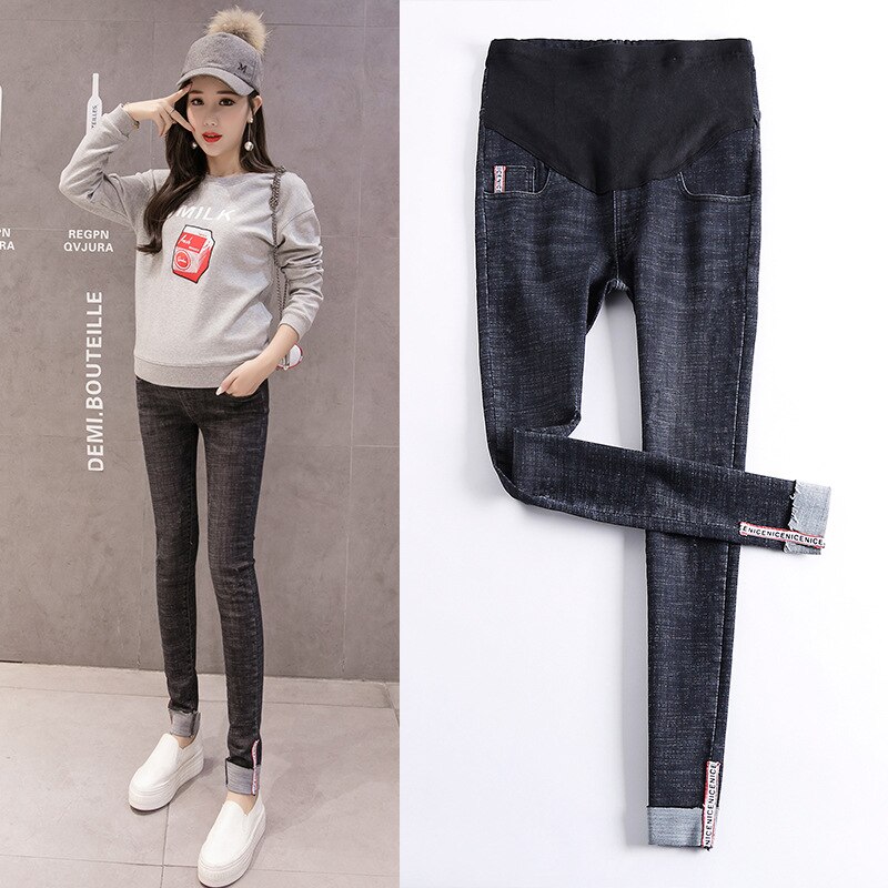 Calça jeans elástica para grávidas, maternidade, cintura justa, roupa para grávidas, abdominal: Preto / L