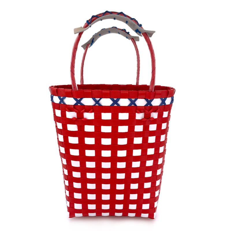Cesta de Picnic tejida a mano de estilo japonés, bolsa de cesta de verduras tejida de plástico, bolsa de playa de mano, cesta Multicolor a cuadros, novedad: Red White