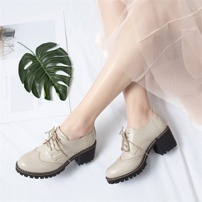 PXELENA britannique Vintage femmes richelieu chaussures gros bloc talons hauts pompes à lacets bureau dame quotidien Oxfords Wingtip Fretwork 43