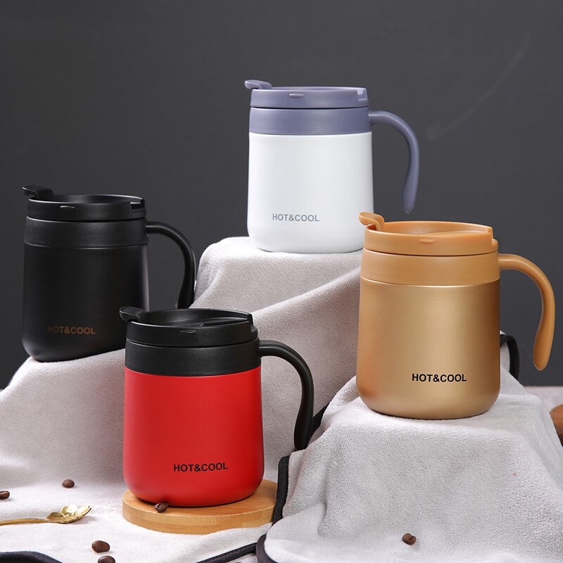 Kort kaffe termosmugg 350ml för vatten te juice isolerad kolv rostfritt stål med lock handtag kopp kontor hem