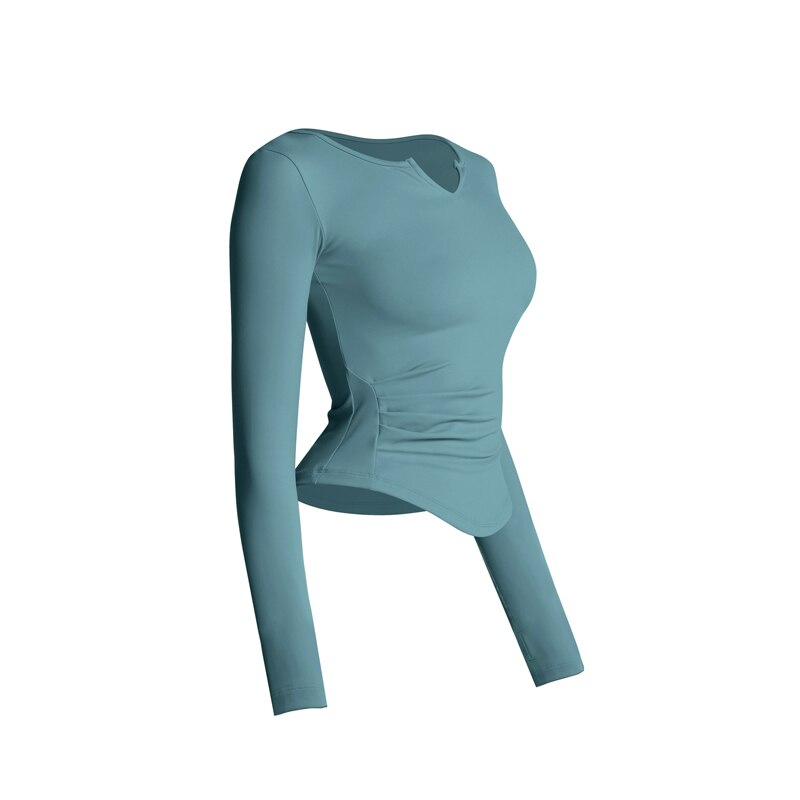 Sportliches t-shirt, langärmeliges crop-top, yogashirt mit daumenlöchern, sportbluse, trainingstop, fitnessweste, damen-yogabekleidung: Türkisfarbenes langes hemd / S