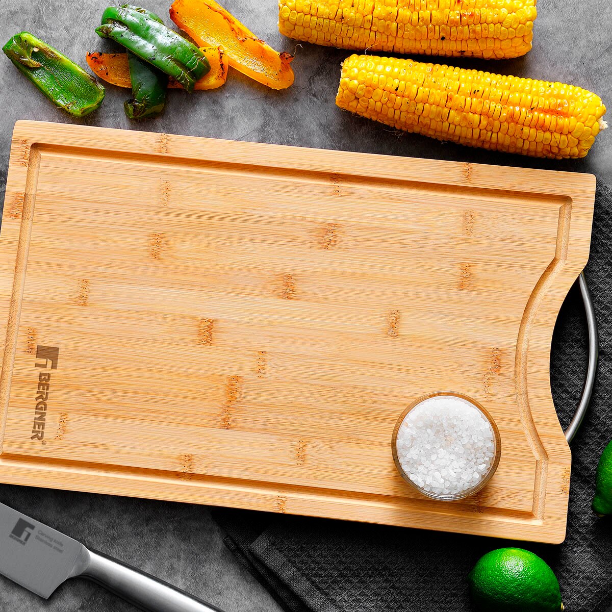 Tabla de cortar Bambú de Bergner, moderna, , , resistente, duradera, ligera, limpieza, mango acero inoxidable, tacto agradable, tablas de cortar, tabla de cortar