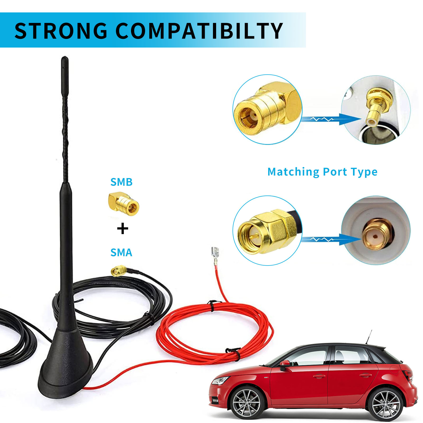 Aktiv dab/dab-antenne digitalradio fm/am stasjonsvogn takantenne med smb/sma-plugg din-adapter bilradio kjøretøysplitter