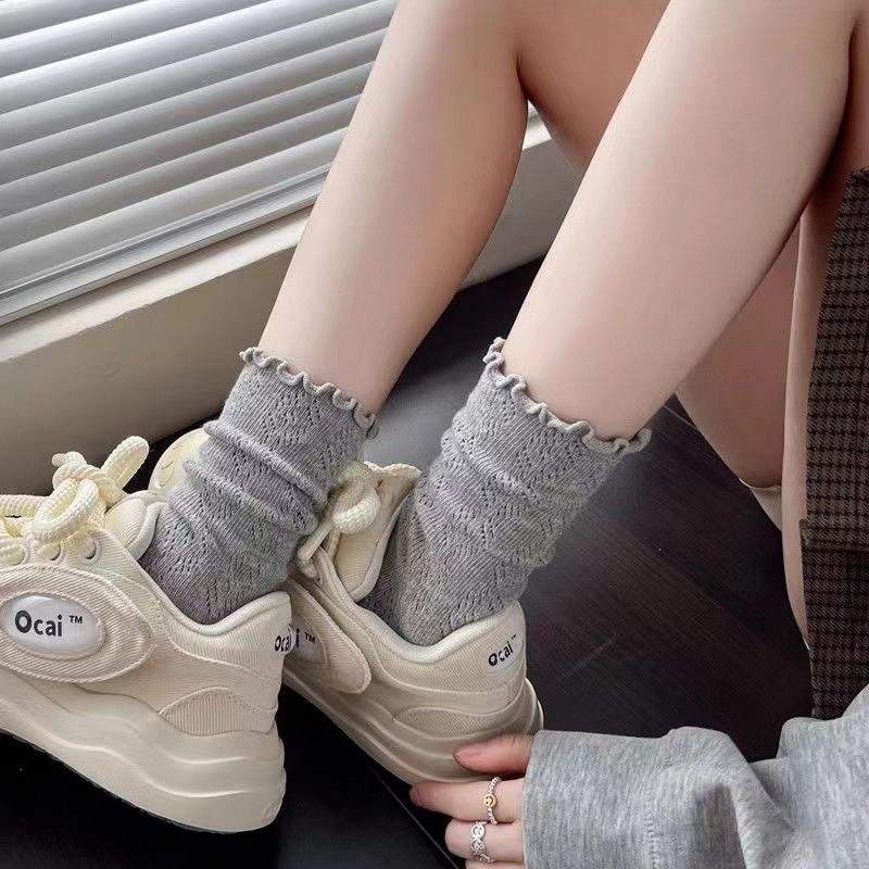 1Pair Women Thin Hollow Out Long Loose Socks JK Lolita Sweet Girls Japanese Solid Color Breathable Cotton Spring Summer Stocking: GRAY