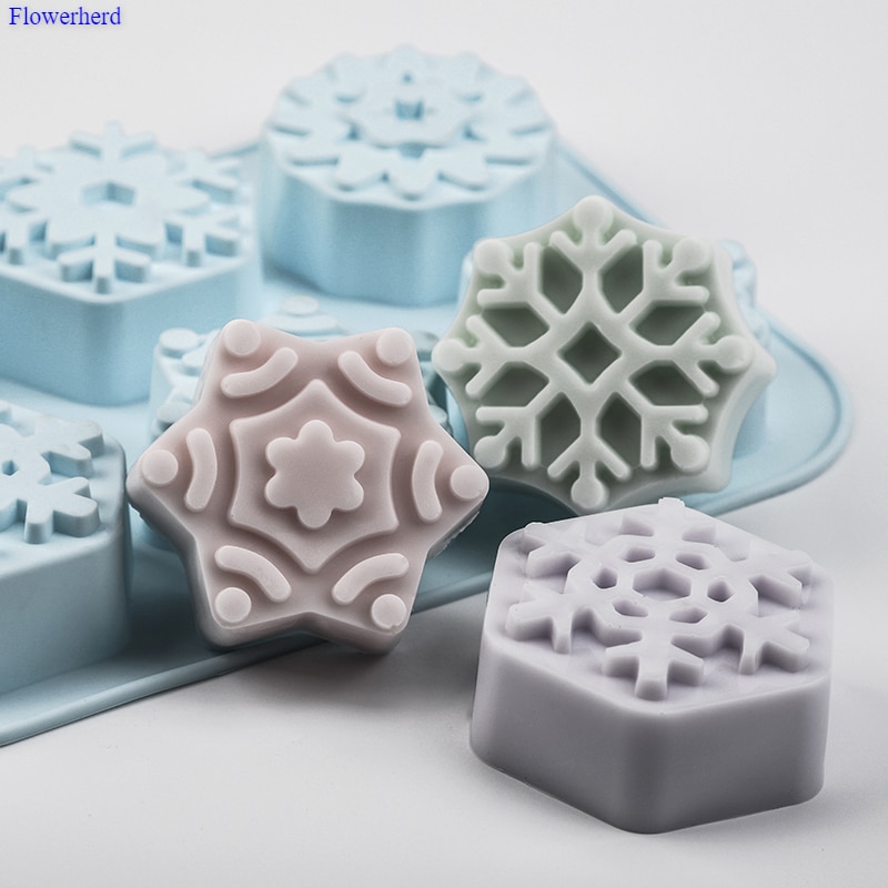 Kerst Serie Sneeuwvlokken Vorm Fondant Cake Silicone Mold Handgemaakte Zeep Mold 3D 6-Holte Diy Chocolade Biscuit Mold