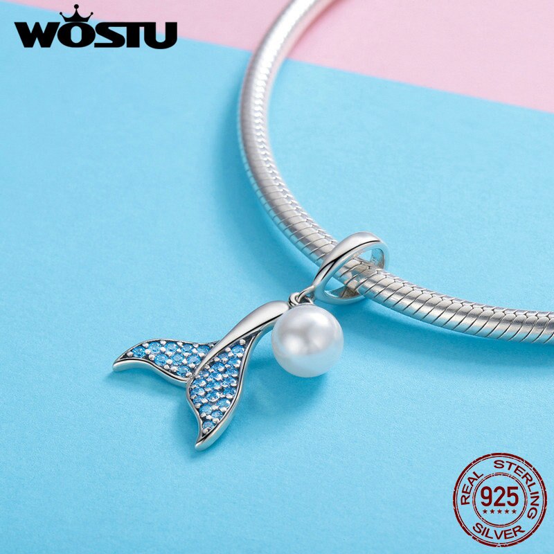 WOSTU Echt 925 Sterling Silber Meerjungfrau Schwanz Elegante Perle CZ Charme Korn passen Armbinde & Armreif Frauen Schmuck DXC877