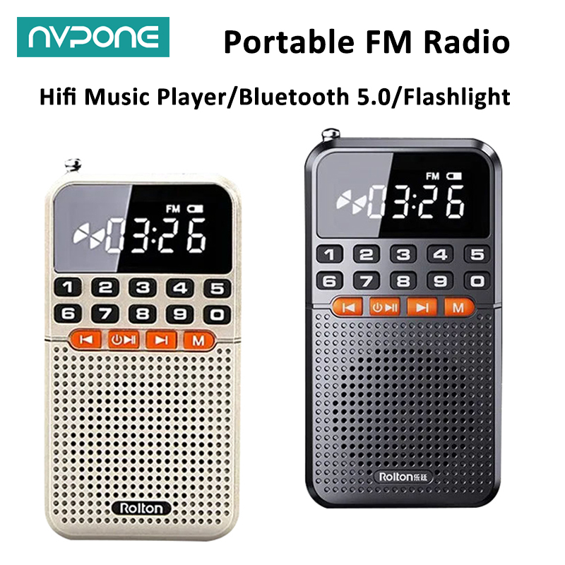 Mini Portable FM Radio Dual Antenna Pocket Radio Receiver Bluetooth 5.0 Speaker TF Card Music Player with LED Flashlight