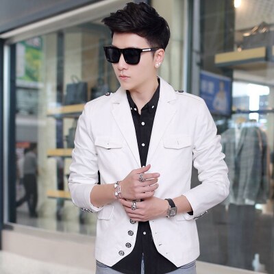 spring and autumn hair stylist suits Korean casual Slim jacket denim jacket young men short suit: White / M