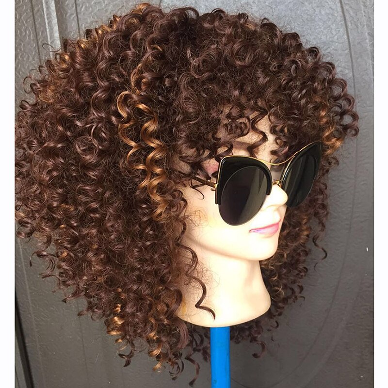 MSIWIGS Brown Synthetic Kinkly Curly Wigs for Women Black Short Afro Wig with Bangs Heat Resistant