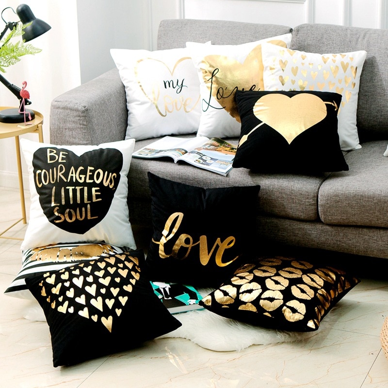 Cojín dorado negro bronce corazón labios lámina de oro cojines almohadones decorativos decoración para el hogar almohada sofá