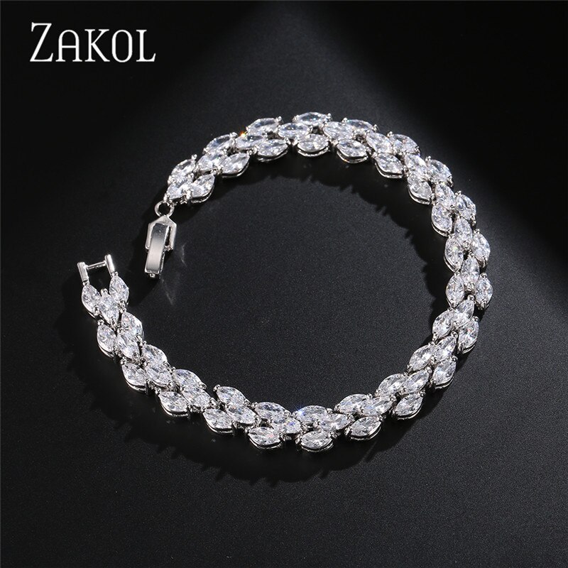 Zakol na moda casamento romano pulseiras marquise corte claro zircão cúbico folha pulseiras & bangles para festa feminino fsbp130