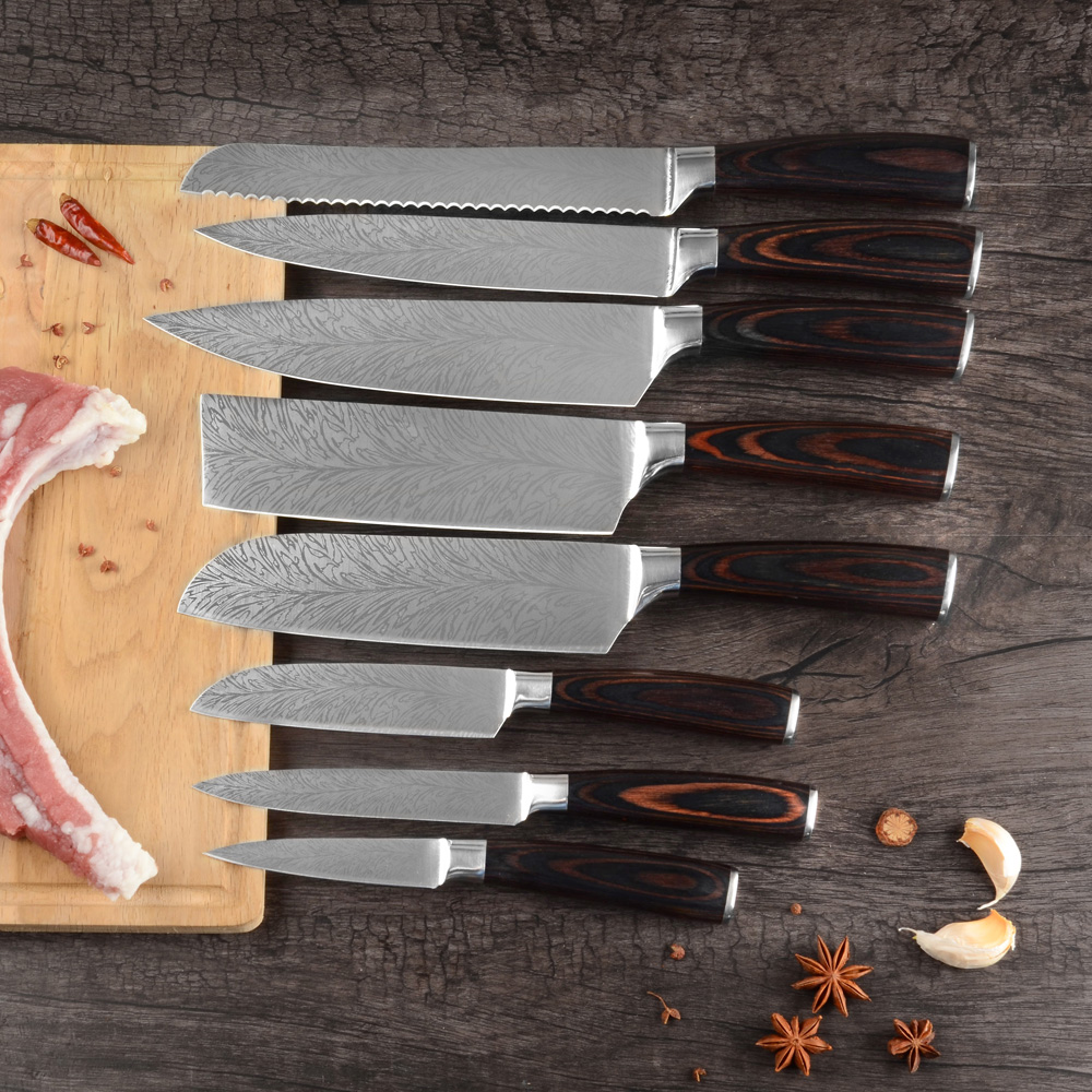 Damask fjermønster rustfrit stål køkkenknive efterligning damaskus klinge køkkenkniv 7 cr 17 kokknive sæt træhåndtag
