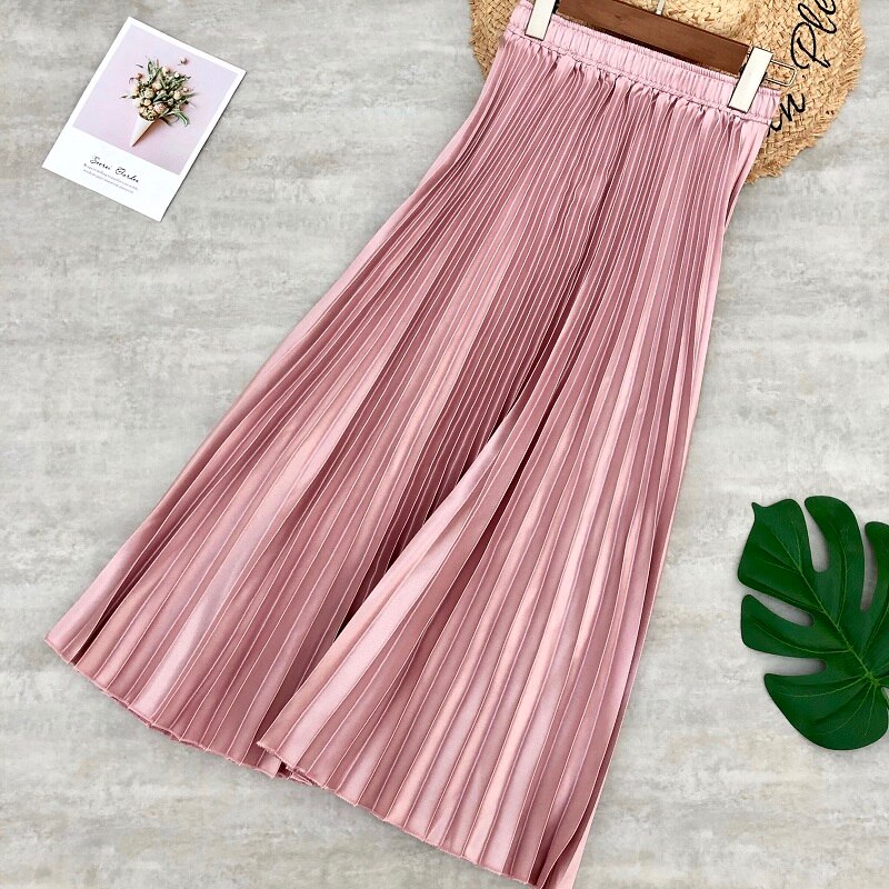 Forår kvinder midi nederdele metallic farve skinnende plisseret nederdel ensfarvet sølv guld lang nederdel satin femme jupe kontor dame: Lyserød