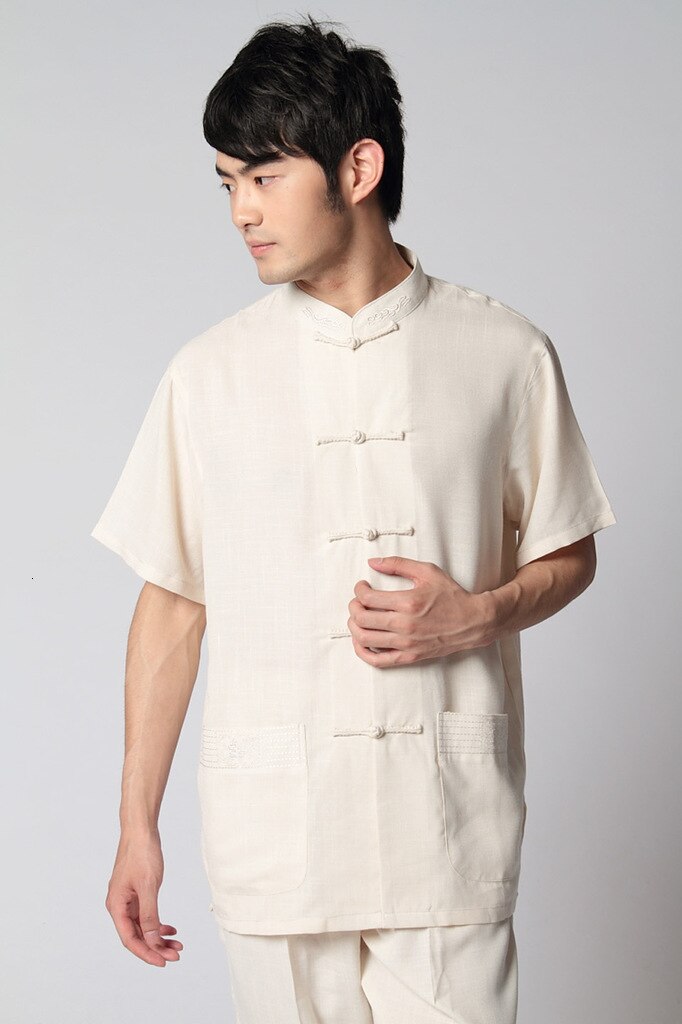 Mens Short Sleeve Shirt Chinese Traditional Linen Cotton Tai Chi Kung Fu Mandarin Collar Frog-Button Clothes (XL, White - Foto 7