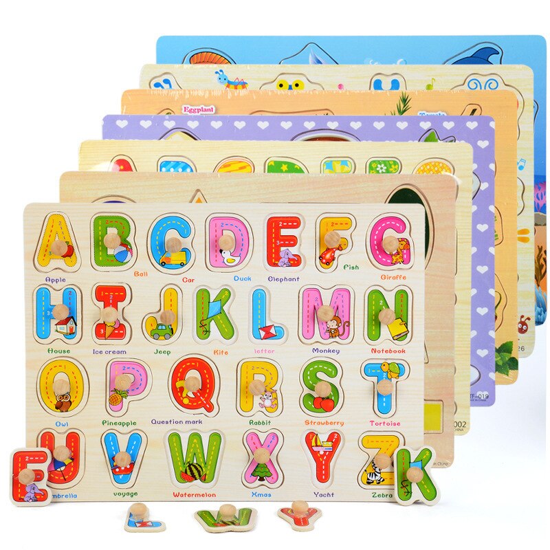 Bambino Precoce Giocattoli Educativi Del Bambino Mano Stretta di Legno Giocattolo di Puzzle di Alfabeto E Cifre Frutta Traffico Learning Education Bambino Giocattolo di Legno