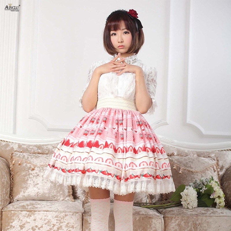 Kvinners kjæreste jordbærtrykte lolitaskjørt rosa polyester blondere prinsessefest fersk lolita puffskjørt