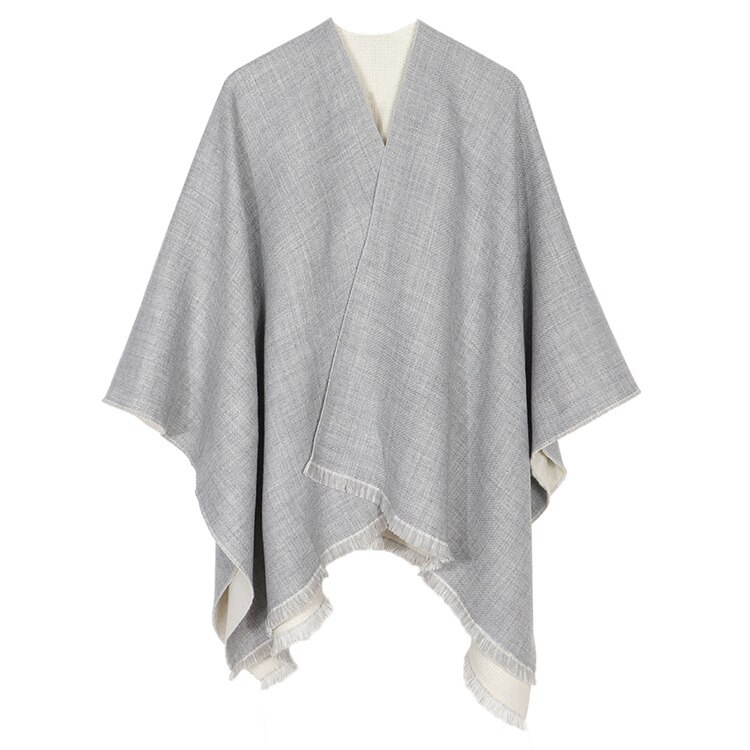 Mode Dubbele Kanten Winter Poncho Kasjmier Vrouwen Poncho Sjaal Foulard Femme Wollen Sjaal Poncho En Caps Tassle: Gray