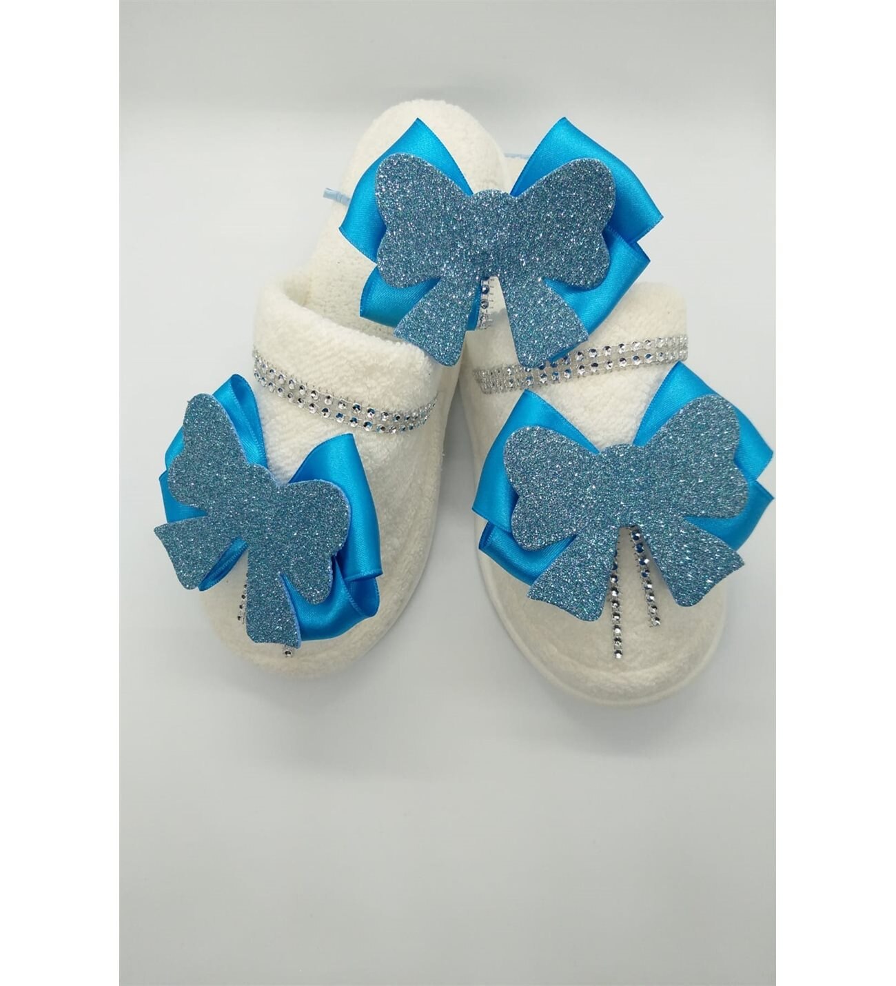 Postpartum Set , Blue Satin Bow Zilverkleurige Postpartum Slippers En Kroon