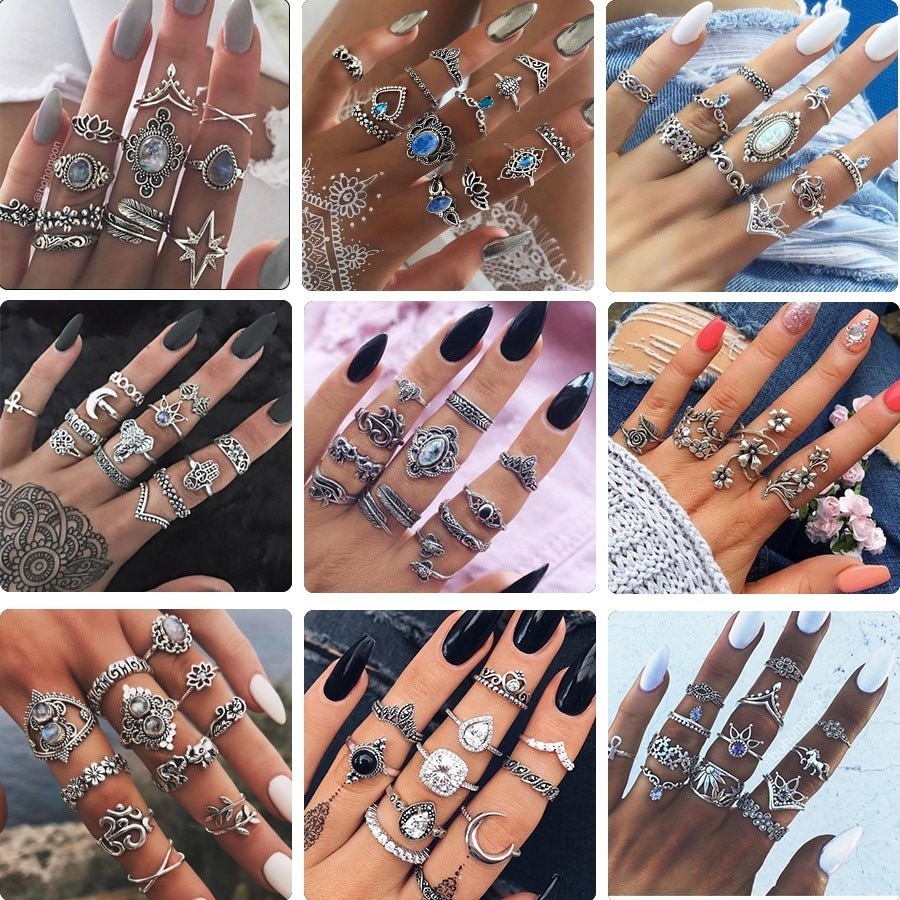 Bague Femme Vintage Ringen voor Vrouwen Boho Geometrische Bloem Crystal Knuckle Ring Set Bohemian Midi Vinger Sieraden Zilveren Kleur