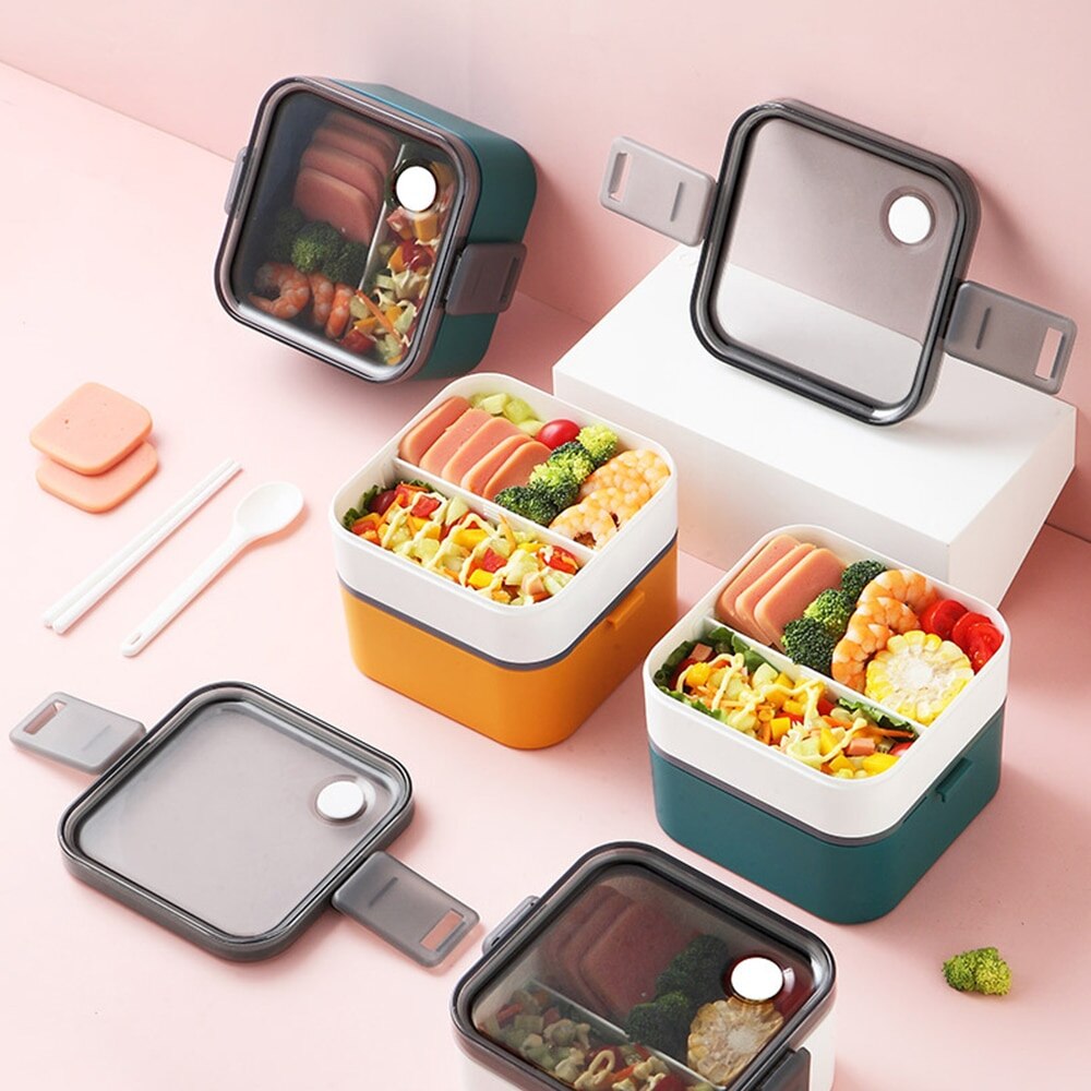 2 Layer Draagbare Gezonde Lunchbox 500-1100Ml Voedsel Container Magnetron Lunch Bento Dozen Met Bestek Lunchbox