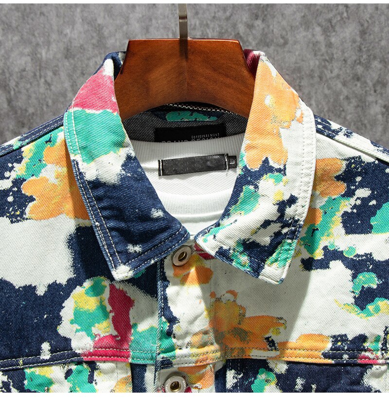 Men's Male Forest Camouflage Print Denim Jacket Loose Turn Down Collar Cargo Jean Coat Pockets Outerwear K822