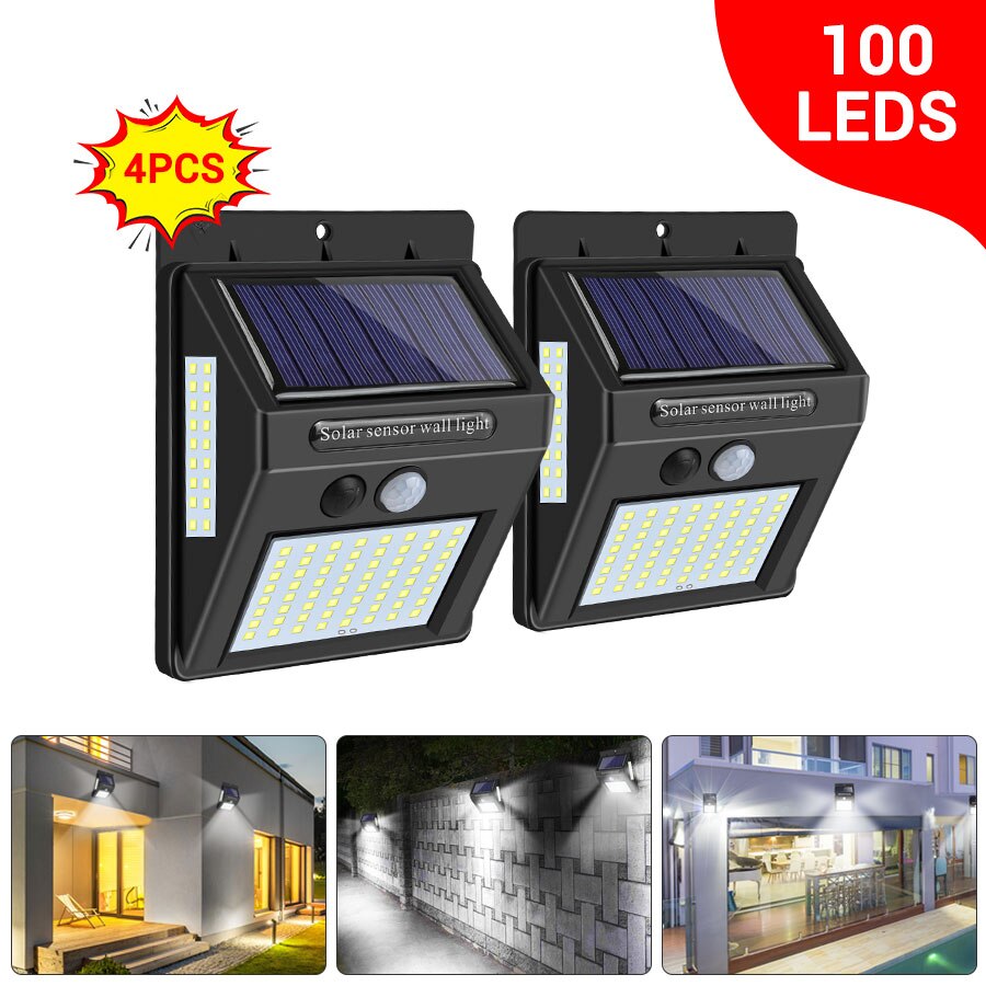 4 Stuks Led Solar Power Light 100 Leds Menselijk Lichaam Sensor Solar Wandlamp Tuindecoratie Buitenverlichting Waterdichte Solar lampen