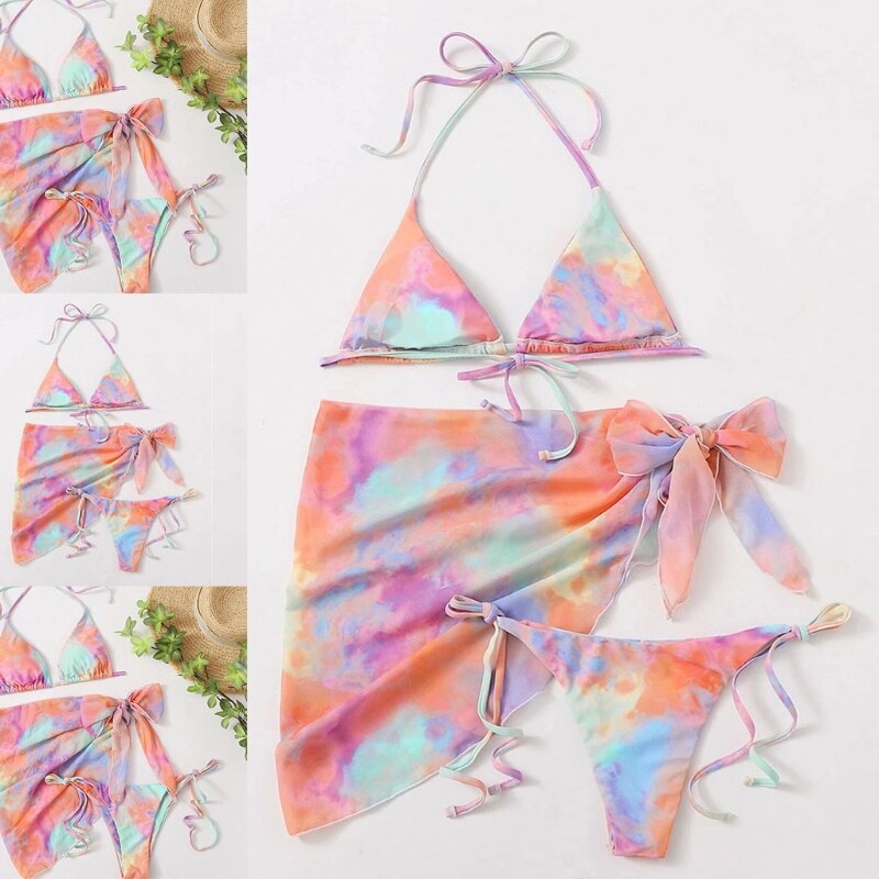 Sexy mujer 3 piezas de estampado de arco iris Bikini conjunto de cuerda brasileño traje de baño con pareo cubierta falda para la playa lazo lateral
