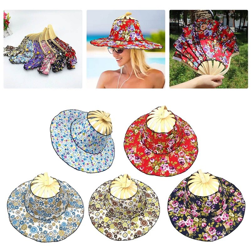 Sombrero de bambú con abanico de mano plegable, 2 en 1, portátil, estampado Floral, para viajes al aire libre, playa, vacaciones, verano,