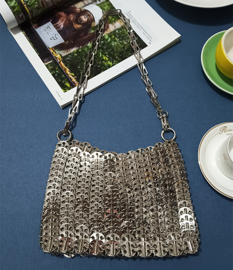 Frauen Taschen Silber Metall Pailletten Kette Gewebte Tasche Hohl Abend Taschen Kupplung Weibliche Reise Schulter Tasche Handtasche: Weiß