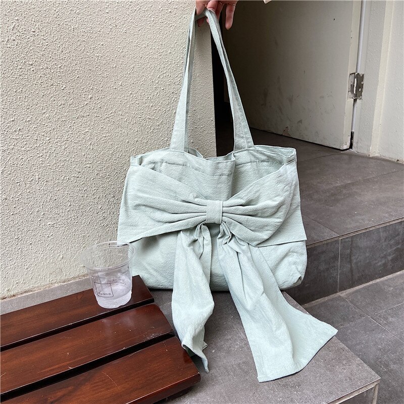 Verse Boog Canvas Handtassen Literaire En Artistieke Vrouwen Schoudertas Eenvoudige Effen Kleur Open Vrouwelijke Handtas Emmer Doek Bag: pea green color