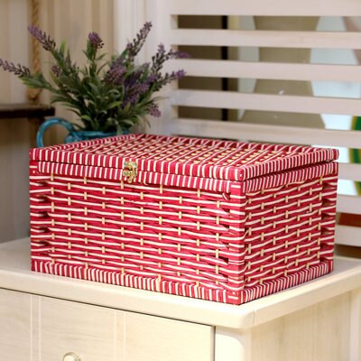 Rustieke Geweven Mand Papier Opbergdoos Met Deksel Handgemaakte Home Organisatie En Opslag Gebreide Desktop Rieten Manden: red white strip / 30x20x13cm