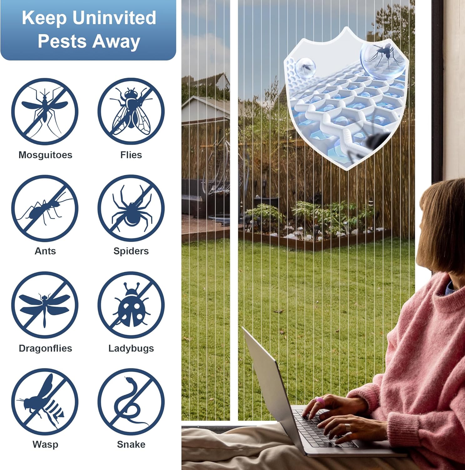 Hvid magnetisk dørskærm myggenet gardin flue insekt automatisk lukning usynligt net til køkken indendørs stue