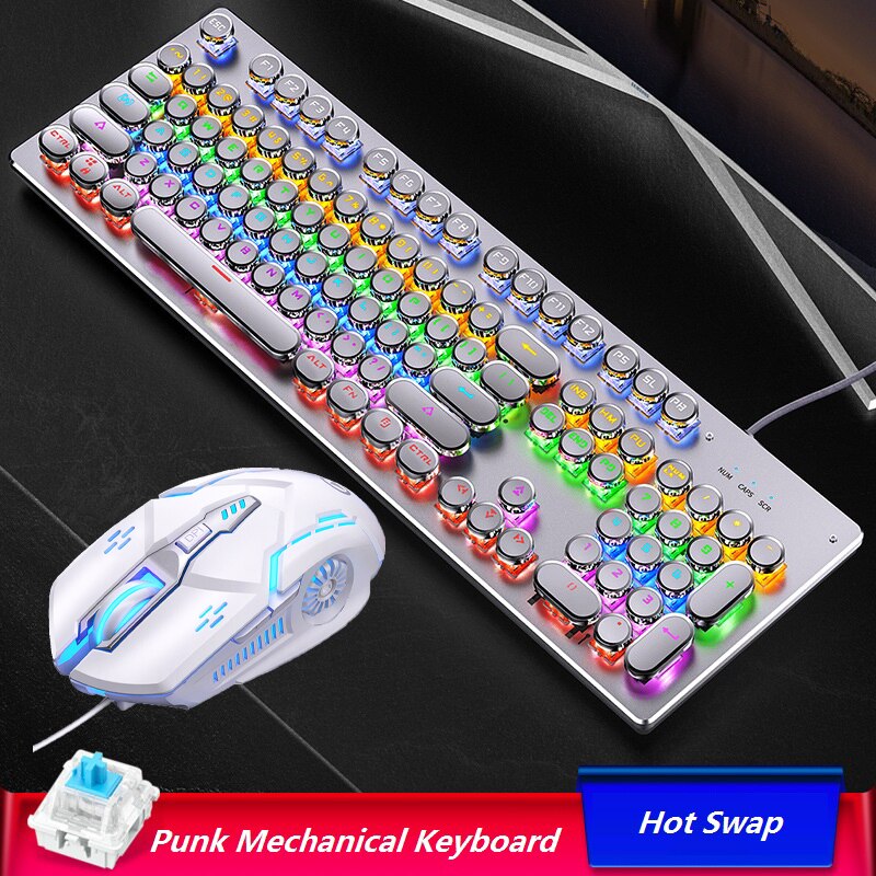 2 in 1 Sets Swap Keyboard Mouse 104 Keycaps RGB Mechanical Keybaord with 3200DPI Macro Wired Mouse for Notebook Desktop PC: 2 In 1 White