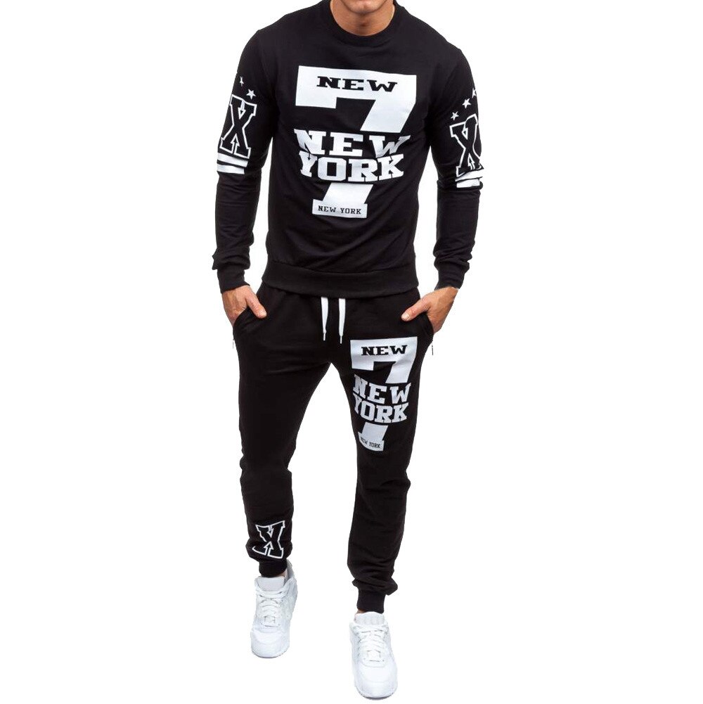 Hommes automne hiver imprimé sweat haut pantalon ensembles sport costume survêtement Trainingspak Mannelijke Sportkleding fitness Jogging: Black / XXL