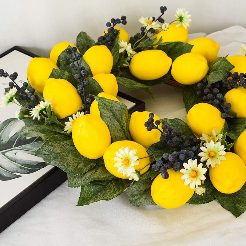19.68 tommers vårfruktkrans med kunstige sitroner, blåbær og tusenfrydblomst, dekorativ krans til dør- eller veggdekor
