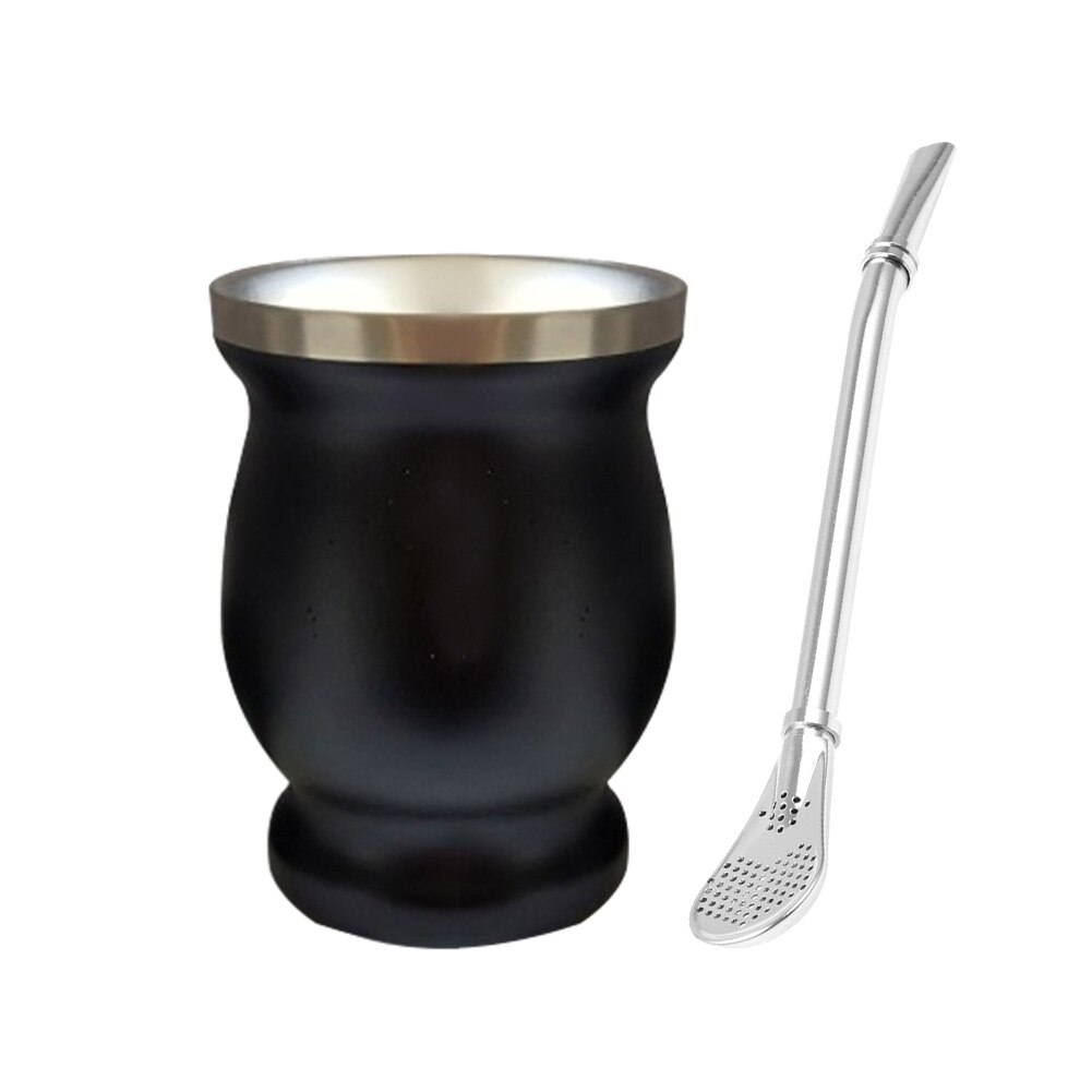 Yerba Mate Cup 304 Stainless Steel Double Wall 8oz Argentine Yerba Mate Gourd With Bombillas Insulation Gourd Tea Cup: Black