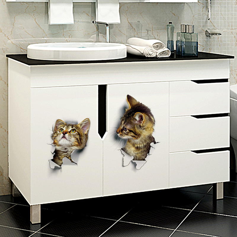 3D Wall Funny Sticker Cat Decal Bathroom Door Tank Toilet wc stickers for Home Decoration Wallpaper Living Room Decor