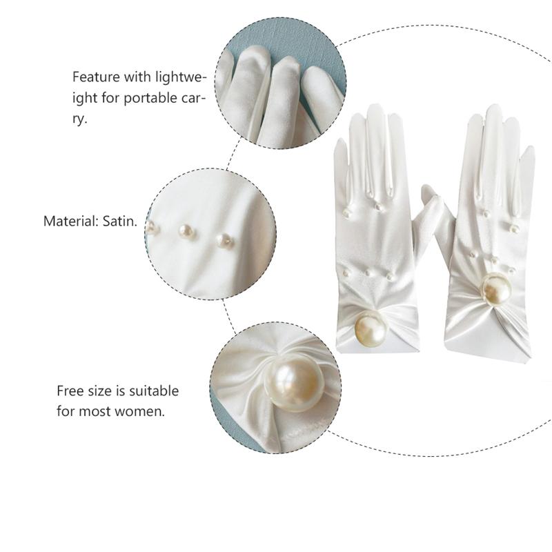 1 Pair Wedding Bridal Satin Gloves Imitation Pearl Inlaid Gloves for Lady White