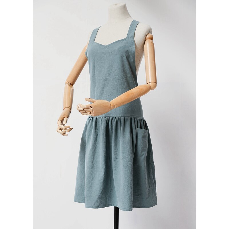 Delantales de cocina para restaurante ropa de algodón y lino para mujer, delantal de trabajo para cafetería y cafetería, delantales de babero para barbacoa, Herramientas de limpieza para mujer: Blue Green