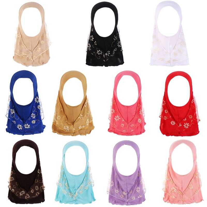 Children Kids Muslim Small Girl Hijab With Lace Flower Pattern Islamic Scarf Shawls Stretch 56cm 7-11 Years Old