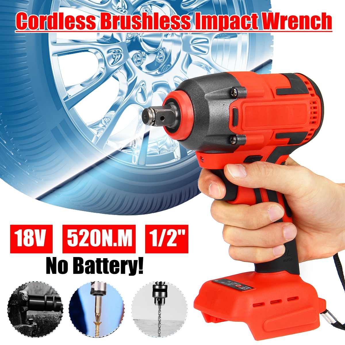 18V 520N.m Li-Ion Cordless Impact Wrench Driver Torque 1/2'' Socket Electric Wrench Replacement For Makita Battery Household Car